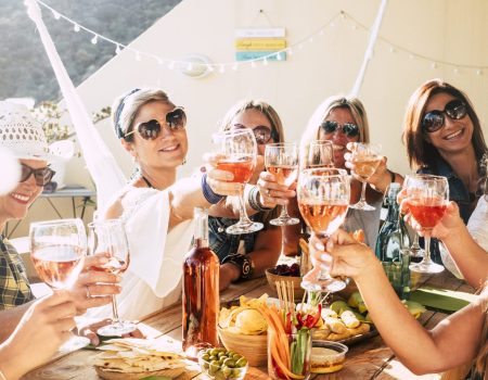 Cheerful group of happy female people clinking and toasting together with friendship and happiness - young and adult women have fun eating - food and beverage celebration concept